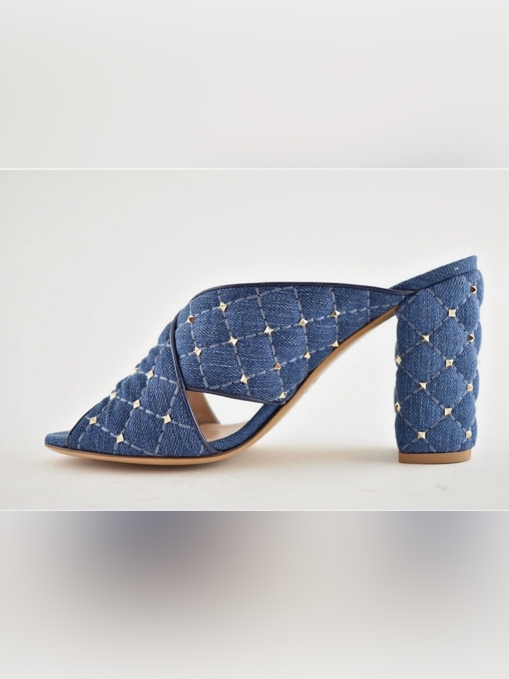 Valentino: Quilted Denim Studded Block Heel Mules-LIKE NEW-DISCOUNTED